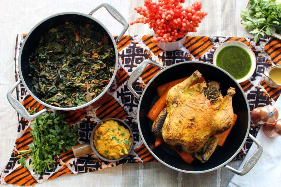 Marcus Samuelsson's Holiday Roast Chicken with Smoky Collards Kale and Platanos Mash			 			
