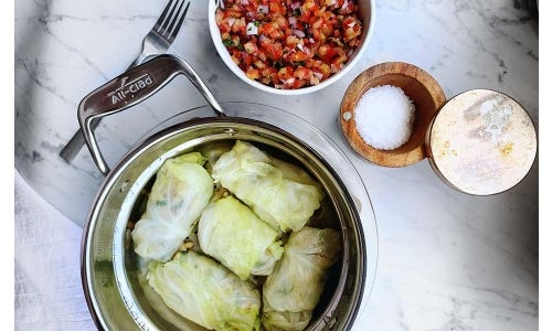 Vegan Stuffed Cabbage rolls with Bruschetta topping